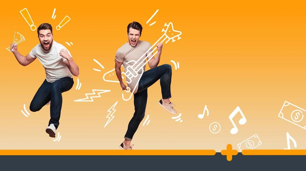Dwóch radosnych mężczyzn skaczących na pomarańczowym tle z ilustracjami pieniędzy, muzyki i gitary